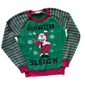 Ugly Christmas Sweater – Green Red Striped Santa Sleigh – S